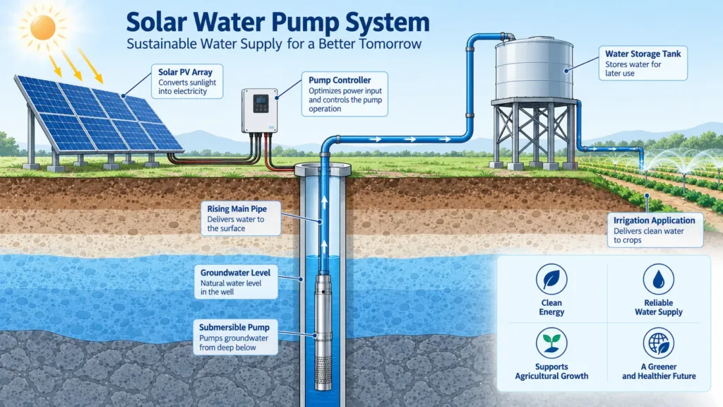 Solar water pump system for agricultural irrigation
