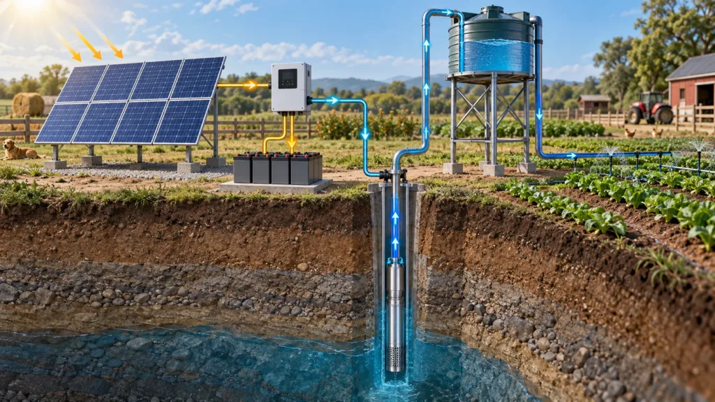 Do Solar Water Pumps Need Batteries? Water Tank vs. Battery Direct solar pumping system with panels, MPPT controller, submersible pump, and water tank.