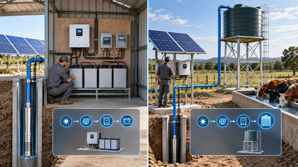Do Solar Water Pumps Need Batteries? Water Tank vs. Battery Comparison of direct solar pumping, water tank storage, battery storage, and AC/DC backup.