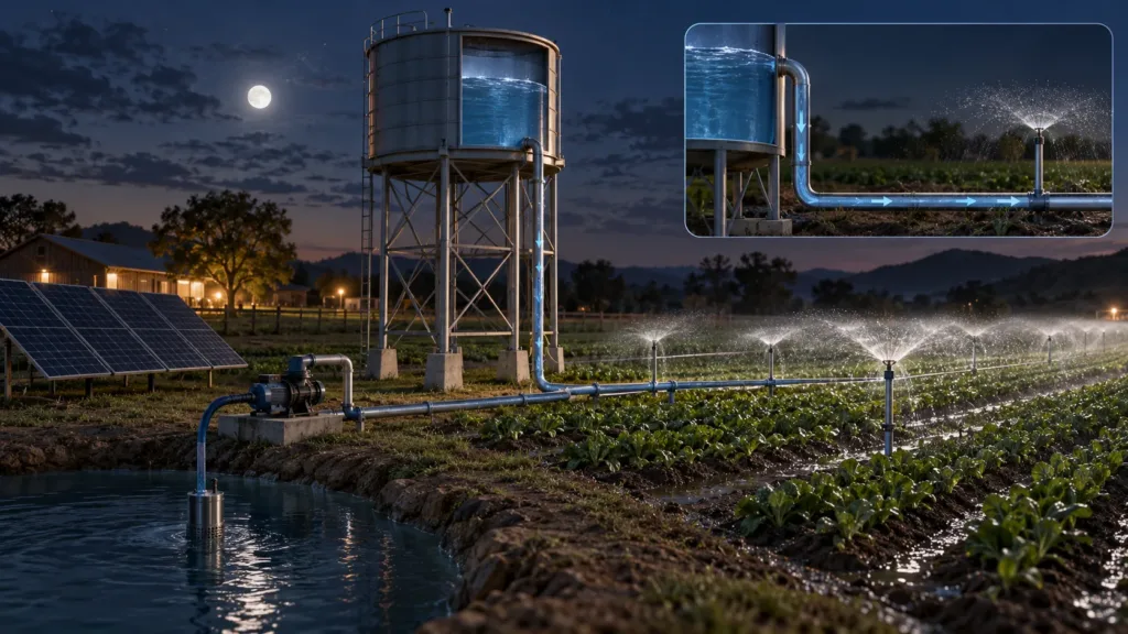 Do Solar Water Pumps Need Batteries? Water Tank vs. Battery Elevated tank supplying irrigation and livestock water after the solar pump stops at sunset.