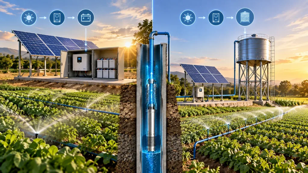 Solar water pump system comparing battery storage with an elevated farm water tank.